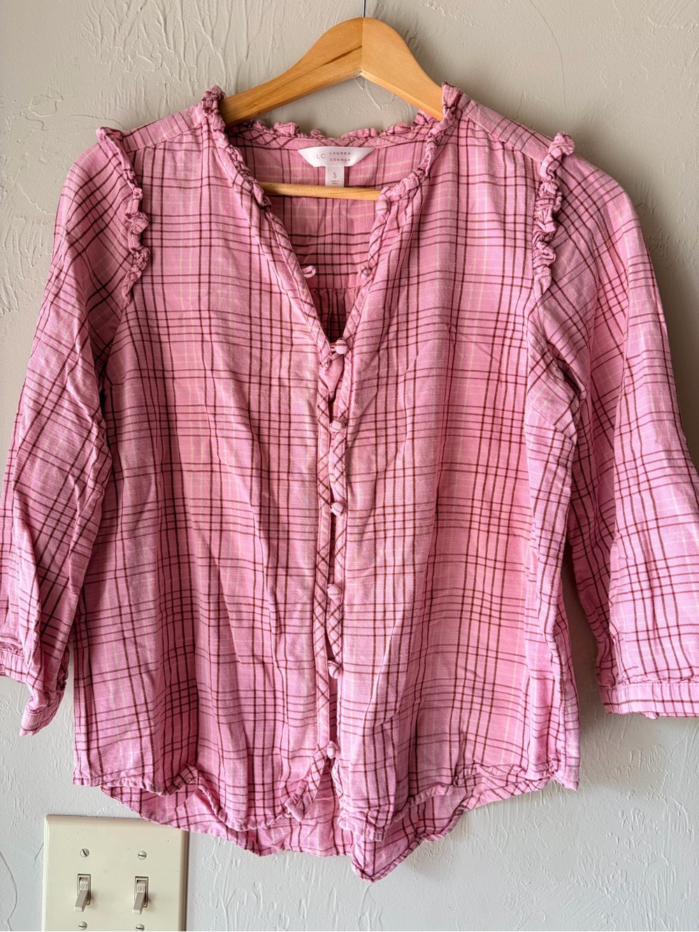 Pink Plaid Ruffle Button Front Blouse Cottagecore Coquette Country Chic